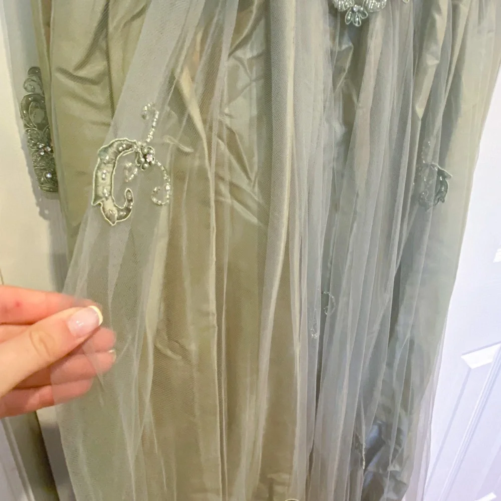 Montage by Mon Cheri Olive Green Embellished V-Neck Evening Dress - Picture 4 of 7